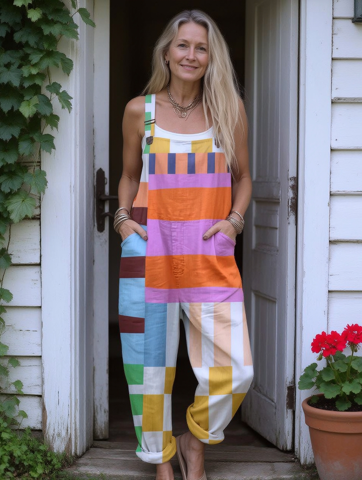 Women's Vintage Abstract Geometric Line Art Print Casual Cotton Wide Leg Jumpsuit