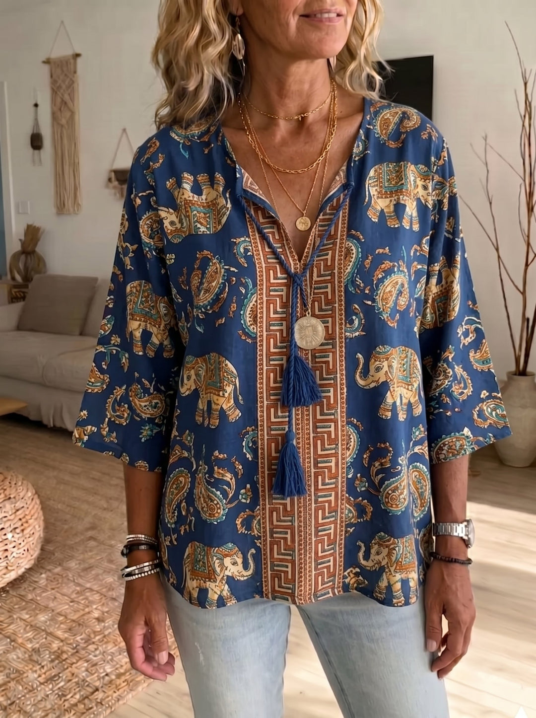 Bohemian Chic Green Floral Tunic - Relaxed Fit V-Neck Blouse with Statement Tassel Detail