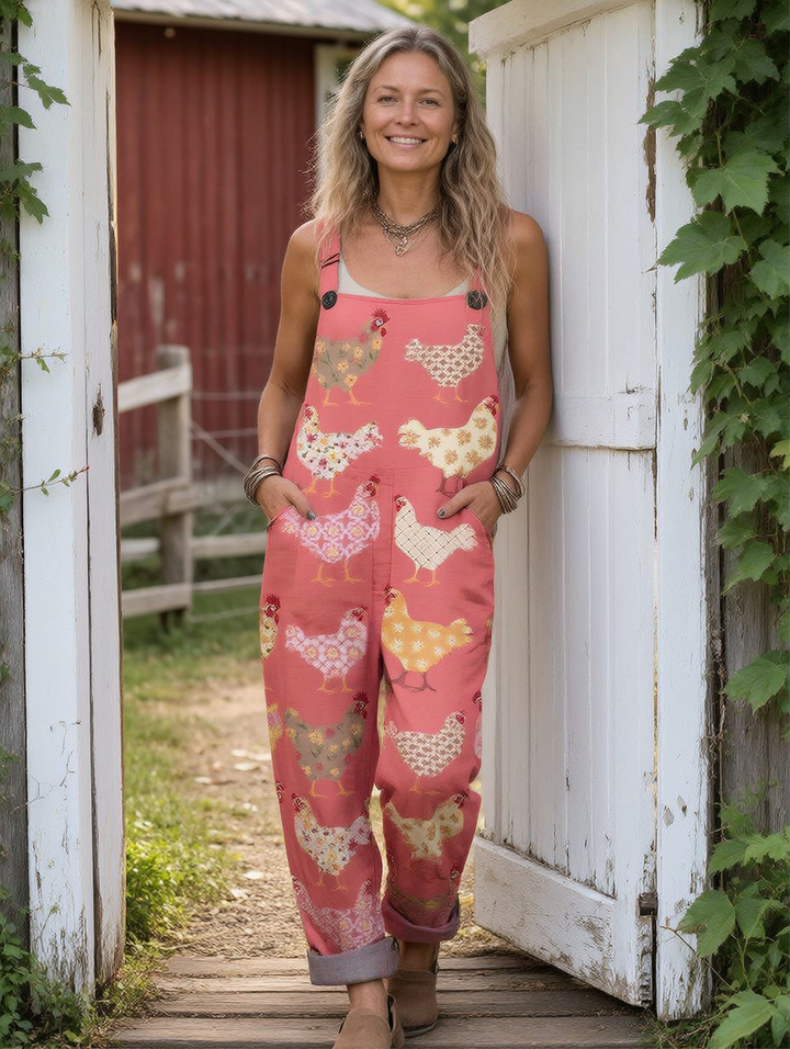 Women's Vintage Floral Art Print Casual Cotton Wide Leg Jumpsuit