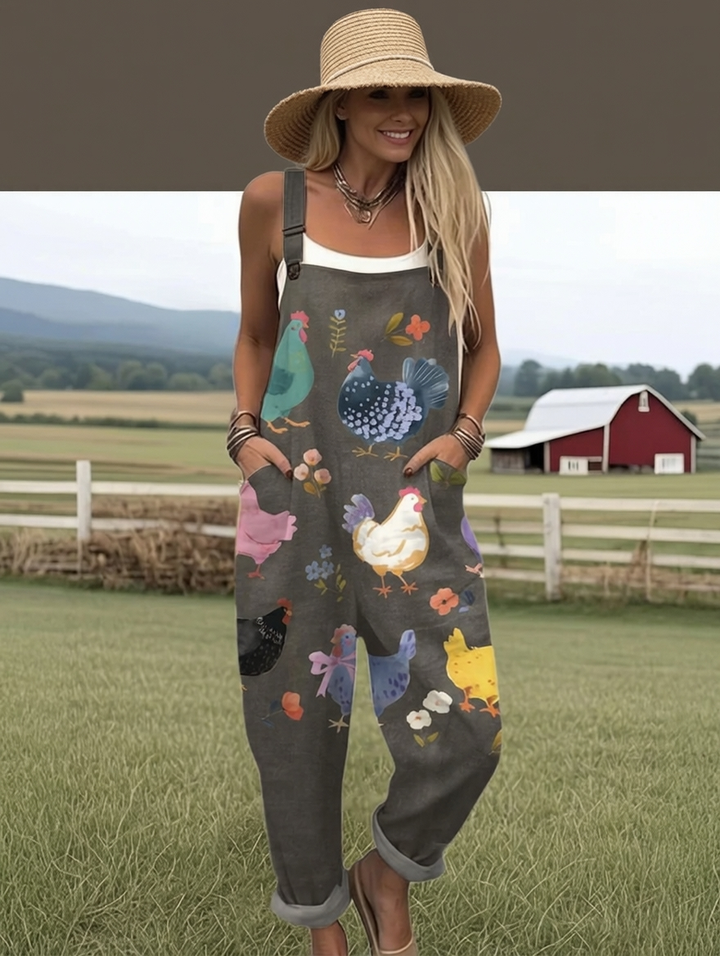 Women's  Vintage Flower Chick Art Print Casual  Wide Leg Jumpsuit
