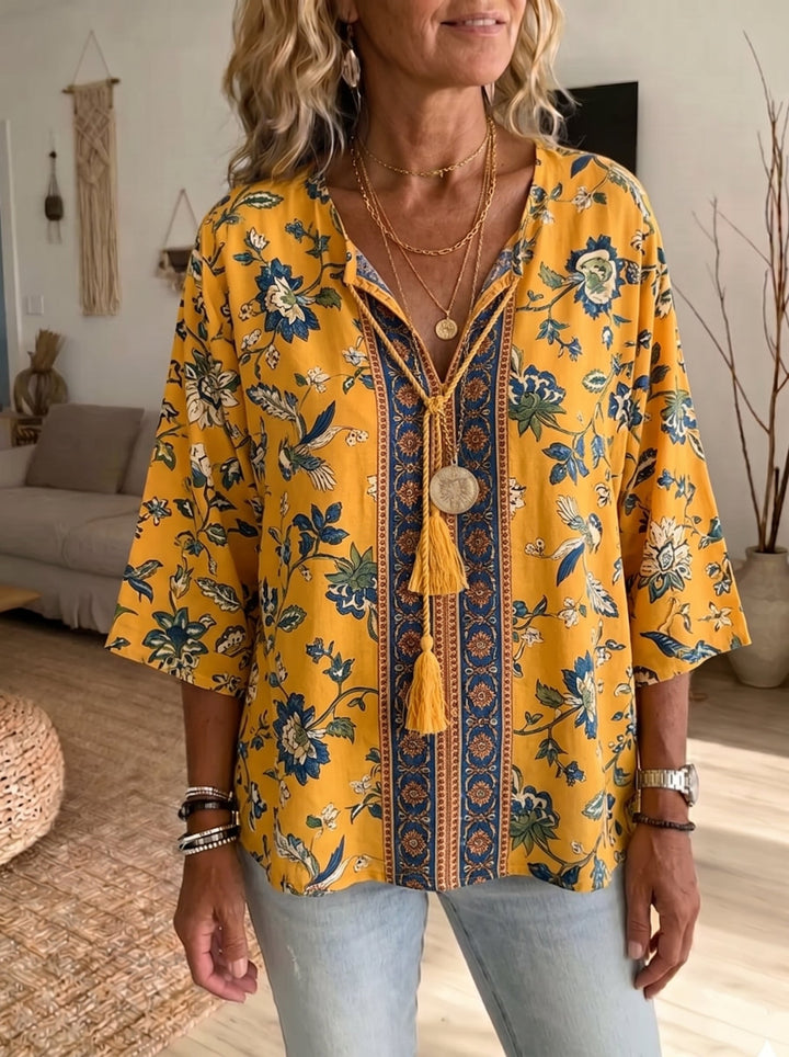 Bohemian Chic Green Floral Tunic - Relaxed Fit V-Neck Blouse with Statement Tassel Detail