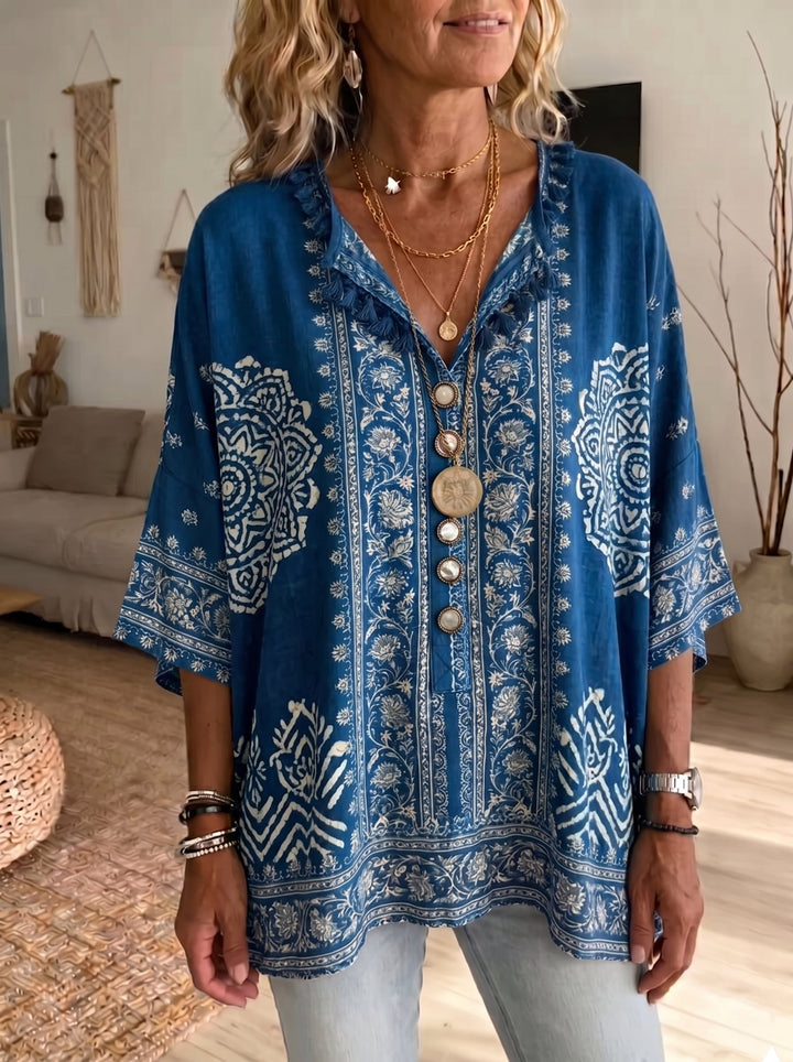 Bohemian Chic Green Floral Tunic - Relaxed Fit V-Neck Blouse with Statement Tassel Detail