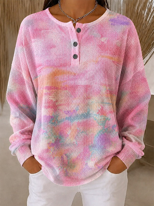 Women's Pastel Rainbow Tie Dye Pattern Print Casual Waffle Cotton Henley Sweatshirt