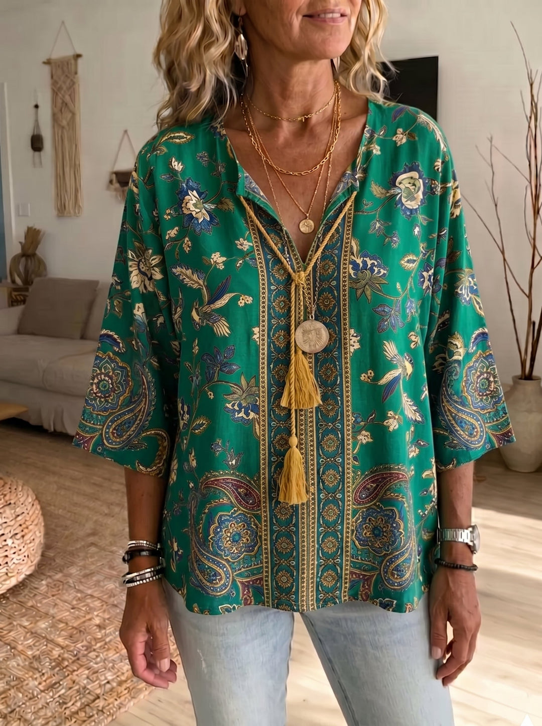 Women's Vintage Floral Print V-Neck Tunic-Loose Fit Casual Cotton Linen Blouse
