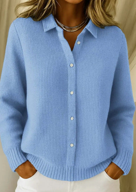 Women's Solid Color Shirt Collar Long Sleeve Waffle Knit Cardigan