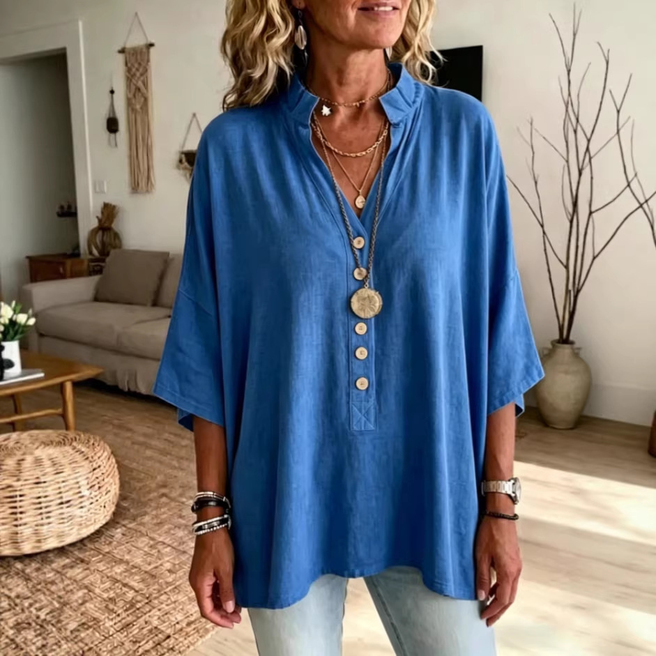 Women's Solid-color V-neck Short-sleeve Casual Loose Cotton-linen Top