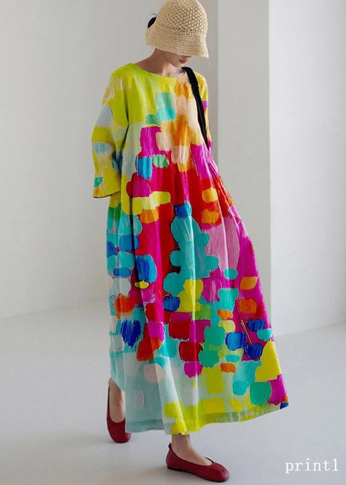 Rainbow Print Cotton Dresses Pockets Patchwork