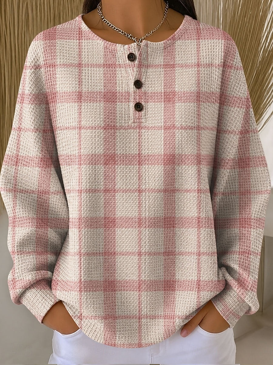 Women's Pink Plaid Pattern Print Casual Waffle Cotton Sweatshirt
