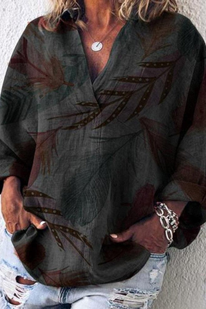 Plant Print Collared Long Sleeves Blouse