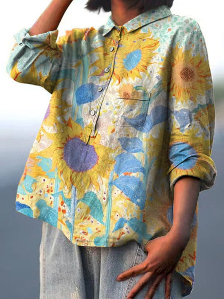 Women's Oil Painting Sunflower Pattern Print Casual Cotton And Linen Shirt