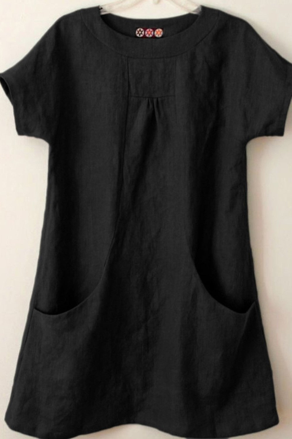Plain Pockets Round Neck Short Sleeves Blouse