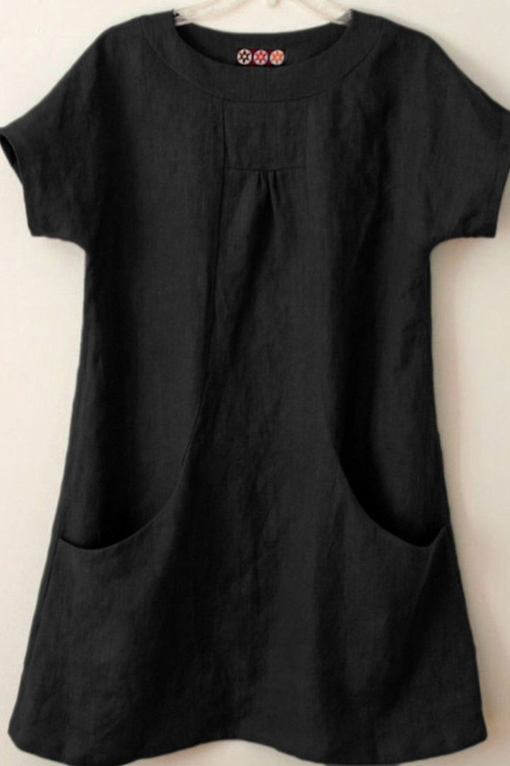 Plain Pockets Round Neck Short Sleeves Blouse