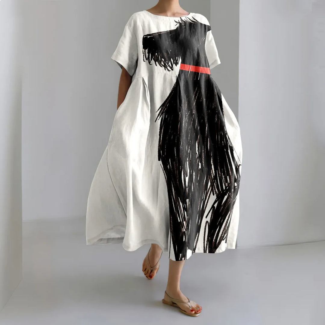 Art Dog Print Loose Midi Dress
