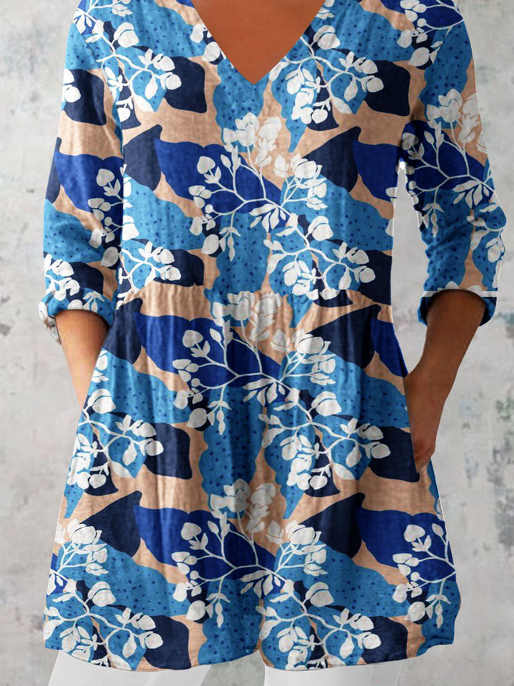 Women's Elegant Floral Pattern V neck Top