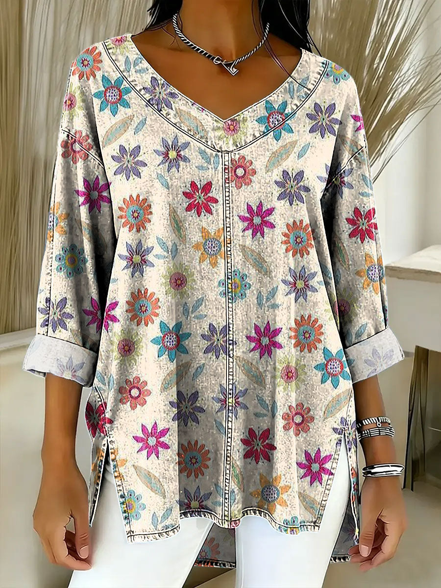 Women's Retro Gradient Flowers Floral Art Patterns Casual Washed Denim  Top