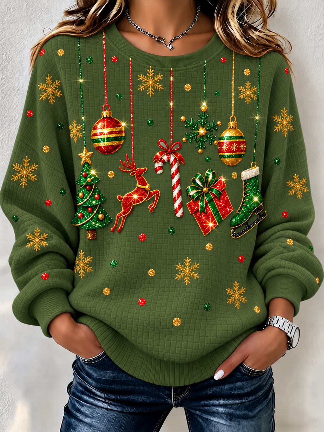 Simple Christmas Elk Henley Collar Sweatshirt
