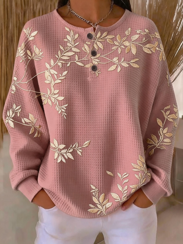 Vintage Henley Collar Leaf Sweatshirt