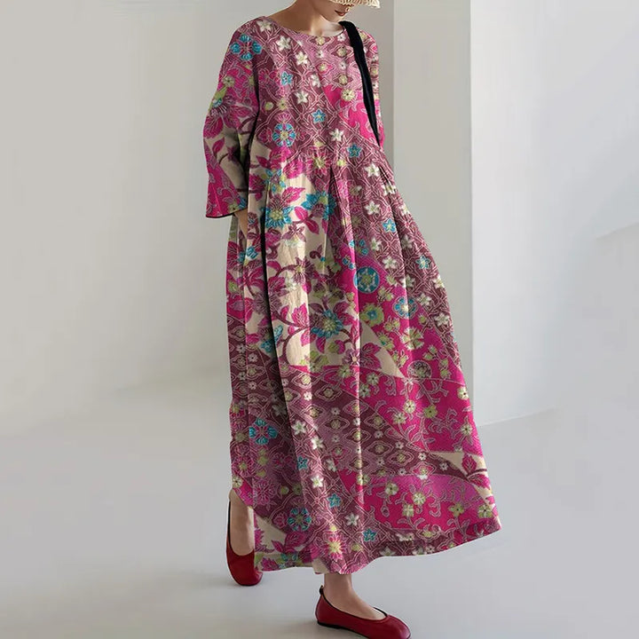Vintage Japanese Art Flower Print Loose Midi Dress