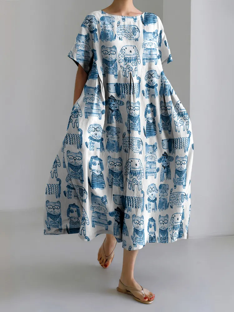 Abstract Dog And Doggies Print Loose Midi Dress
