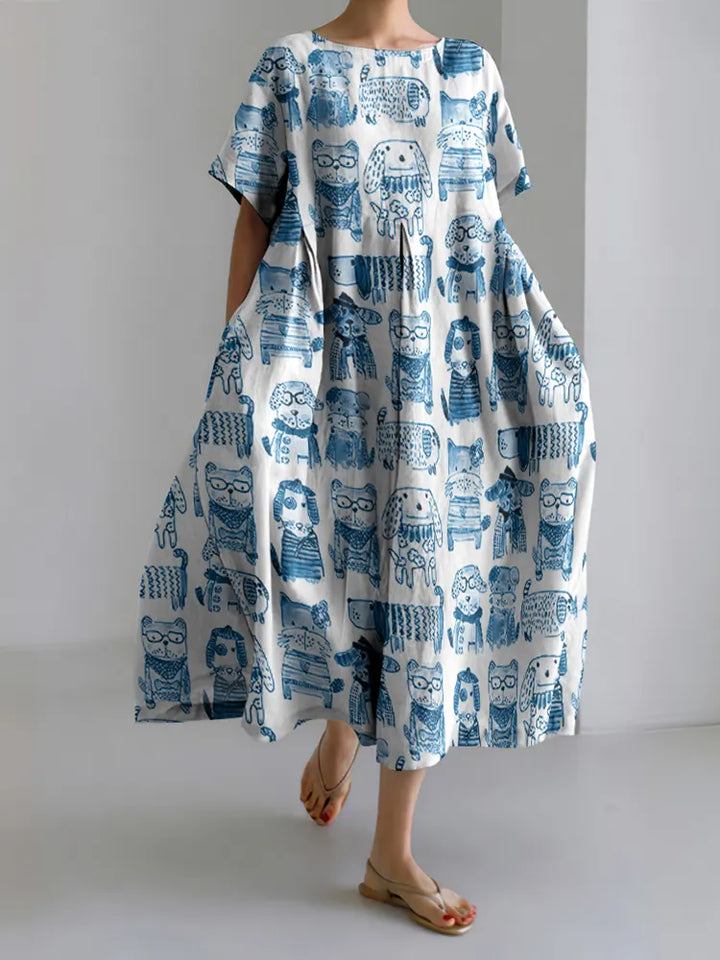 Abstract Dog And Doggies Print Loose Midi Dress