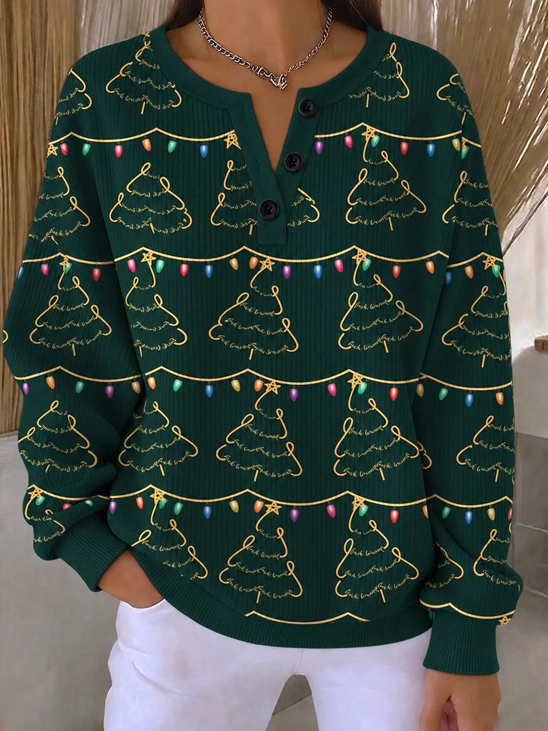 Buckle Henley Collar Christmas Tree Elegant Sweatshirt