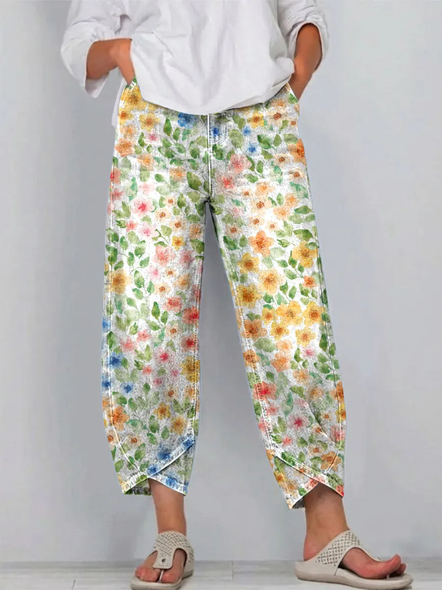 Women's Vintage Floral Pattern Art Print Casual Denim Pants