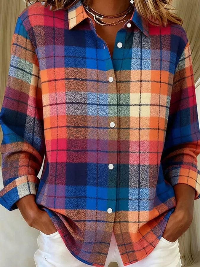 Women's Plaid Print Casual Lapel Shirt