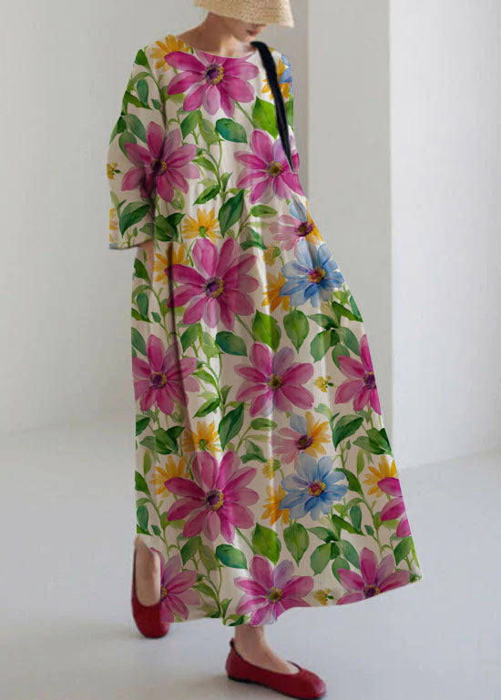 Rainbow Print Cotton Dresses Pockets Patchwork