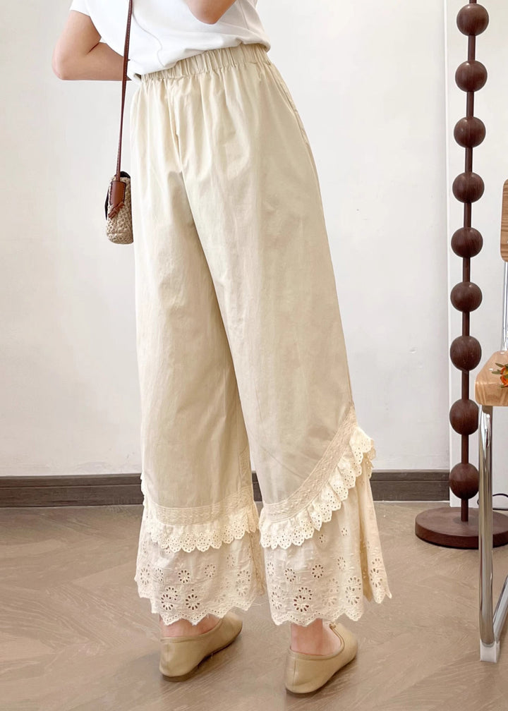 Summer New Apricot Lace Splicing Wide Leg Pants