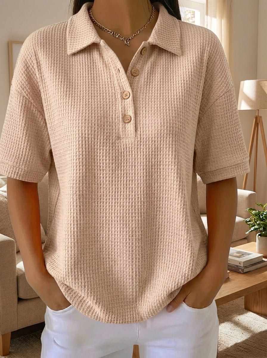 Women's Waffle Knit Polo Collar Short‑Sleeve Casual Blouse