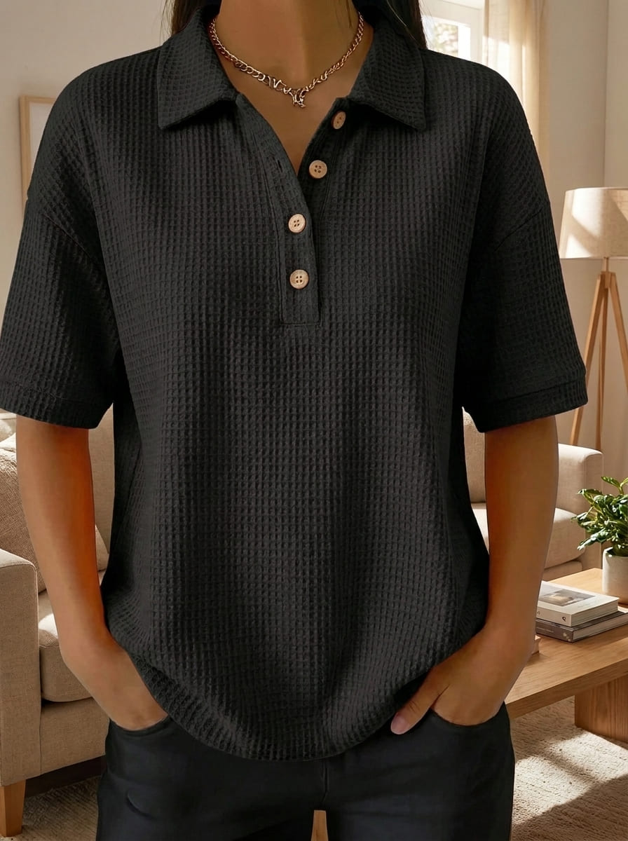 Women's Waffle Knit Polo Collar Short‑Sleeve Casual Blouse