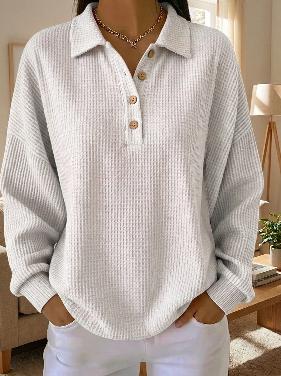 Women's Waffle Knit Henley Polo Long Sleeve Casual Loose Blouse Top