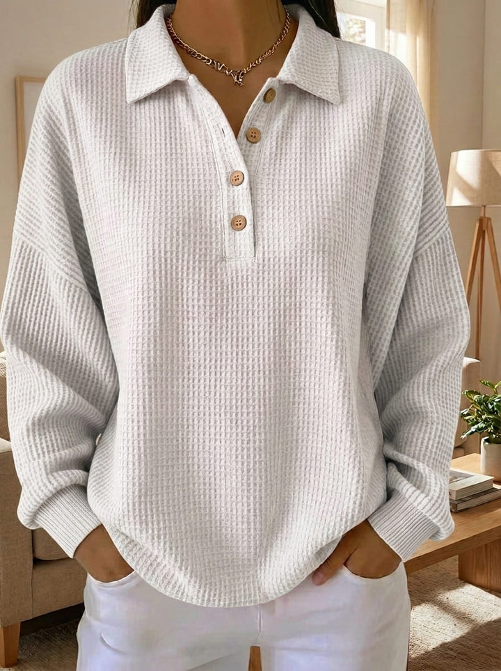 Women's Waffle Knit Henley Polo Long Sleeve Casual Loose Blouse Top