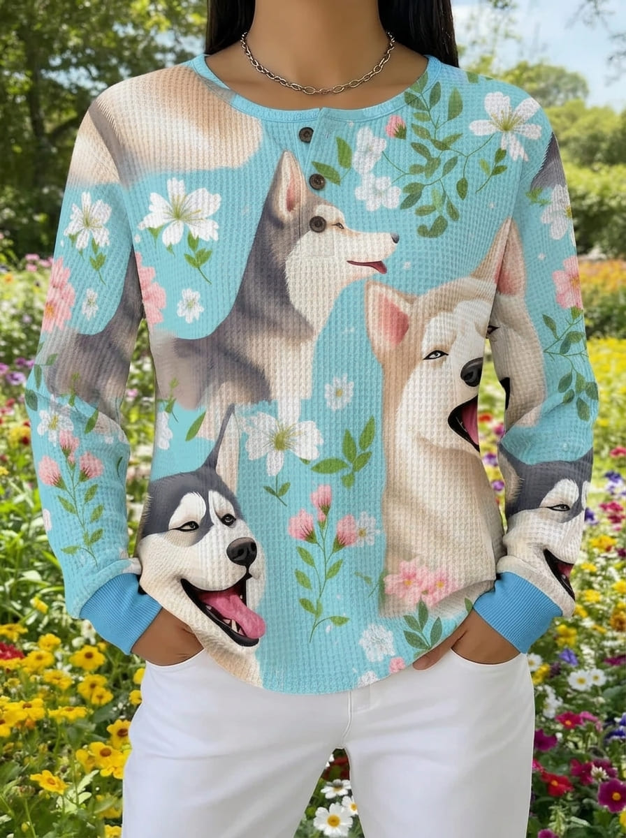 Cool Husky Dog Floral Waffle Knit Top