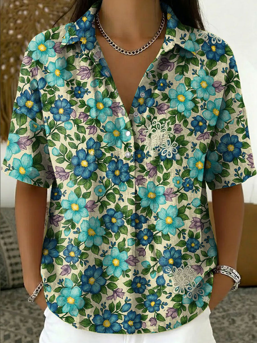 Women's Vintage Botanical Floral Casual Polo Collar Short-sleeved Linen And Cotton Shirt