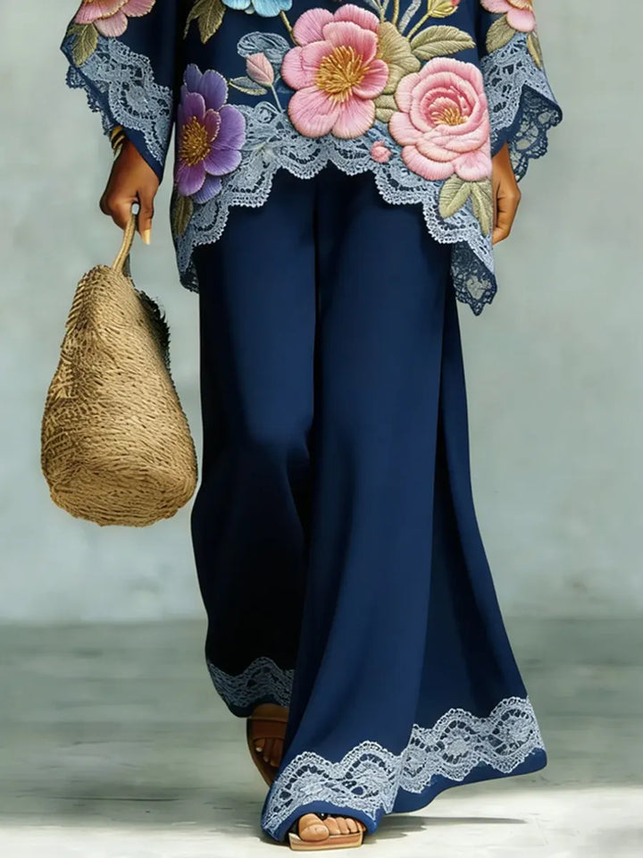 Women's Vintage Ethnic Floral Art Comfortable Loose Cotton Linen Wide-leg Pants Two-piece Set