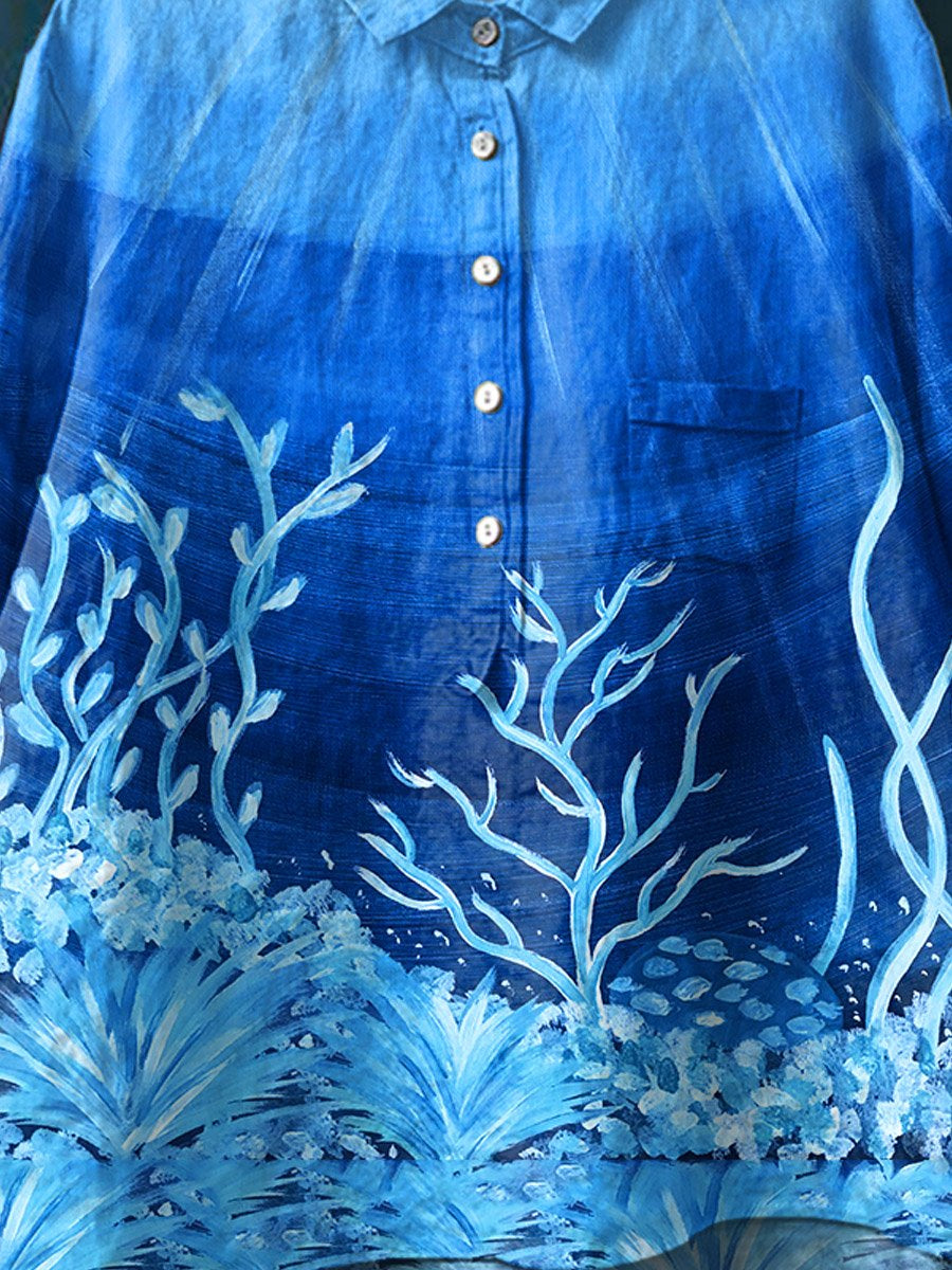 Undersea Coral Art Pattern Print Casual Cotton And Linen Shirt
