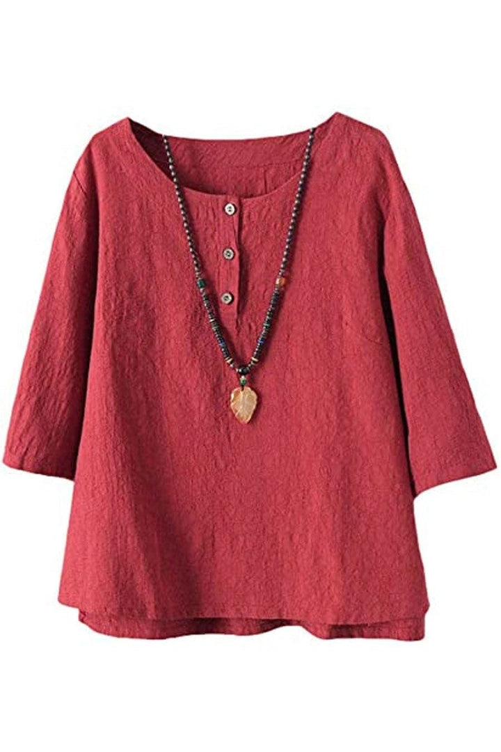 Solid Color Buttons Round Neck 3/4 Sleeves Shirts