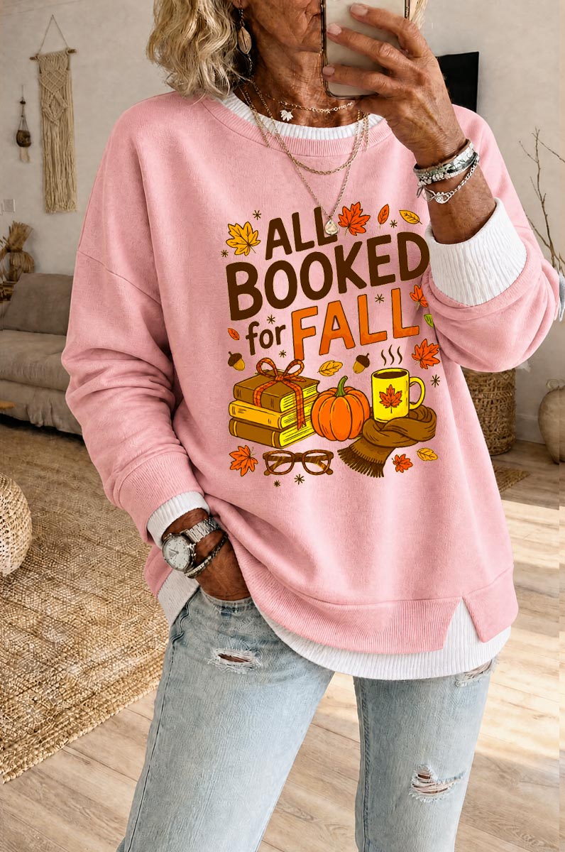 Women's All Booked For Fall Pattern Fake Two Piece Layered Sweatshirt
