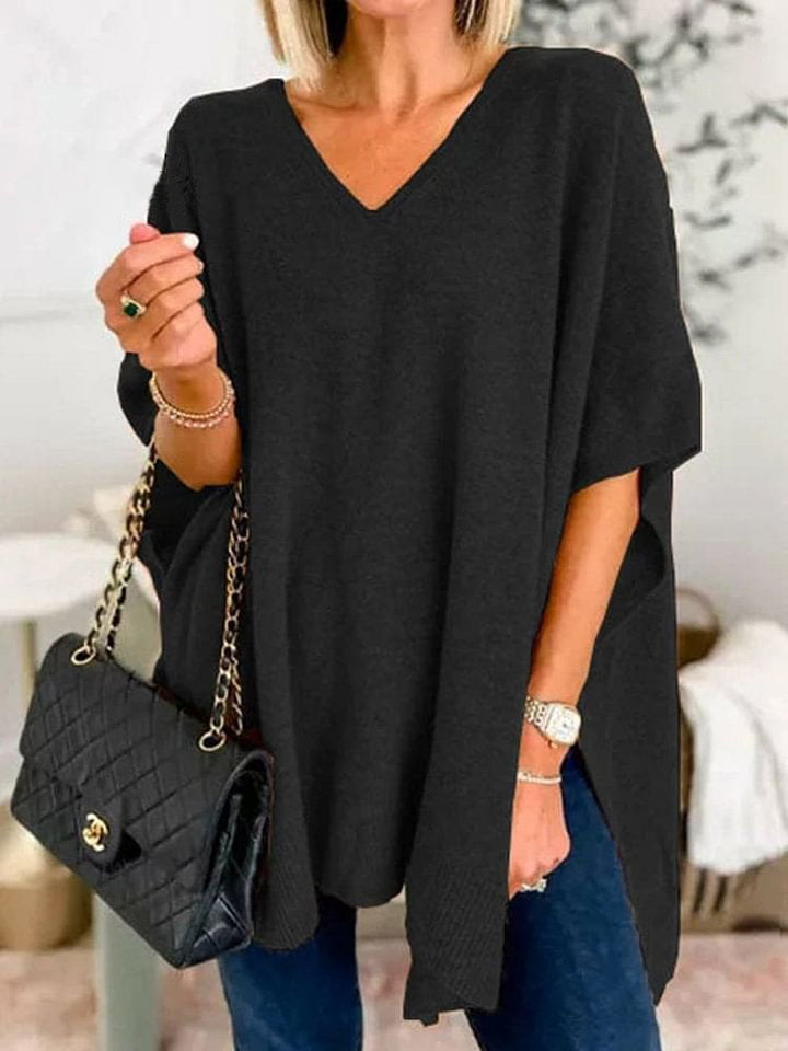 Women's Bat Sleeve Solid Color V-Neck Pullover Poncho Sweater