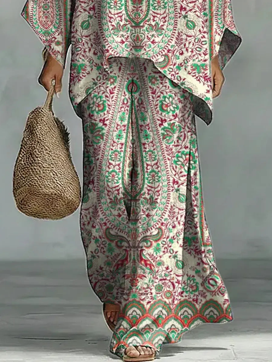 Women's Vintage Ethnic Floral Art Comfortable Loose Cotton Linen Wide-leg Pants Two-piece Set