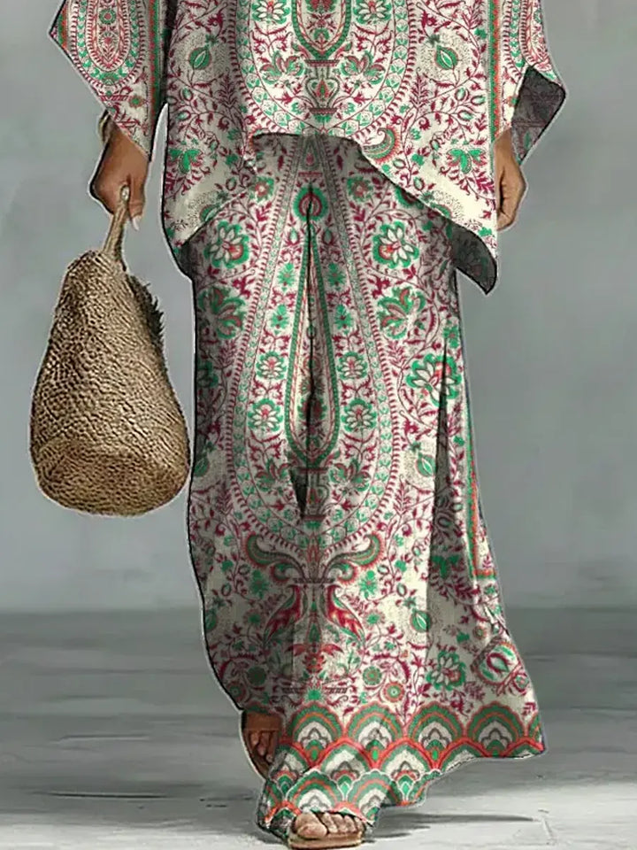 Women's Vintage Ethnic Floral Art Comfortable Loose Cotton Linen Wide-leg Pants Two-piece Set