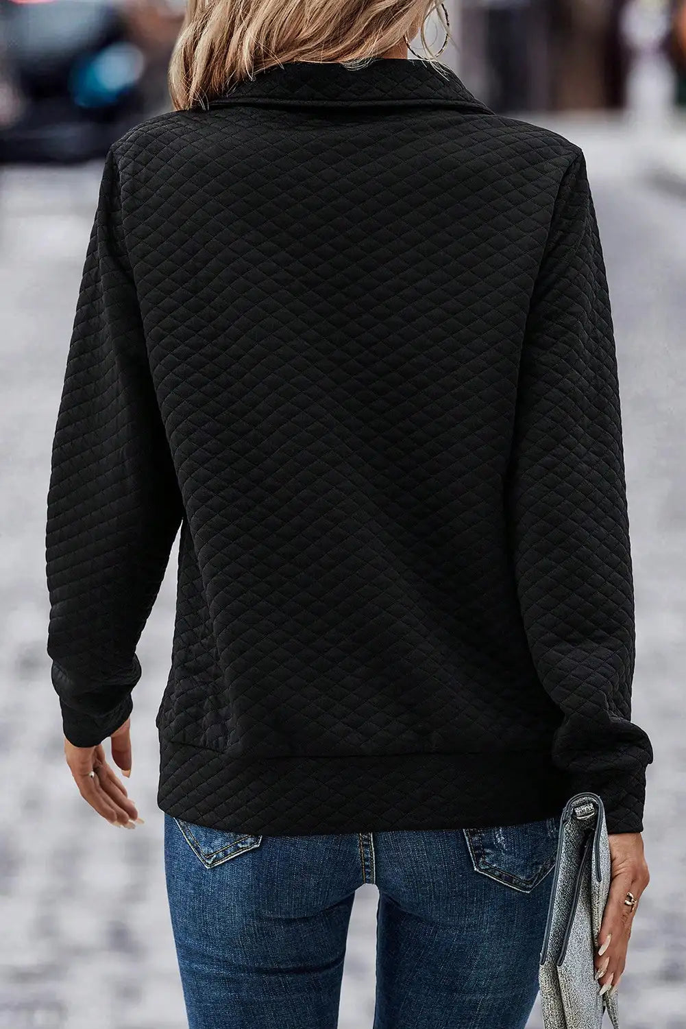 Quilted Black Half Zipper Sweatshirt