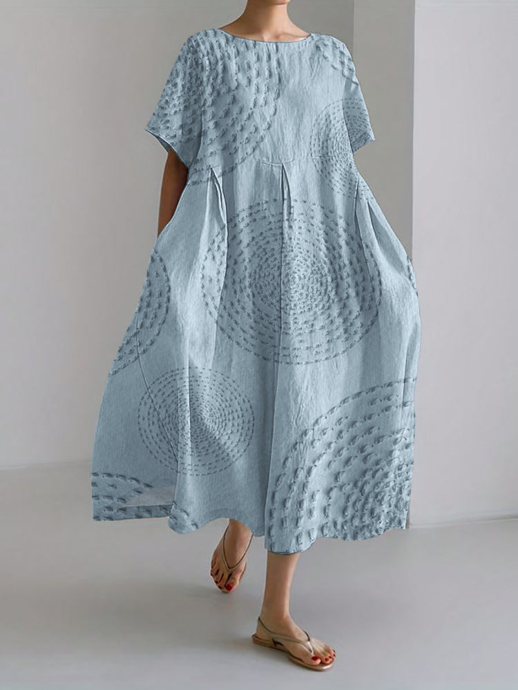 Sea Waves Ripples Japanese Embroidered Linen Blend Maxi Dress
