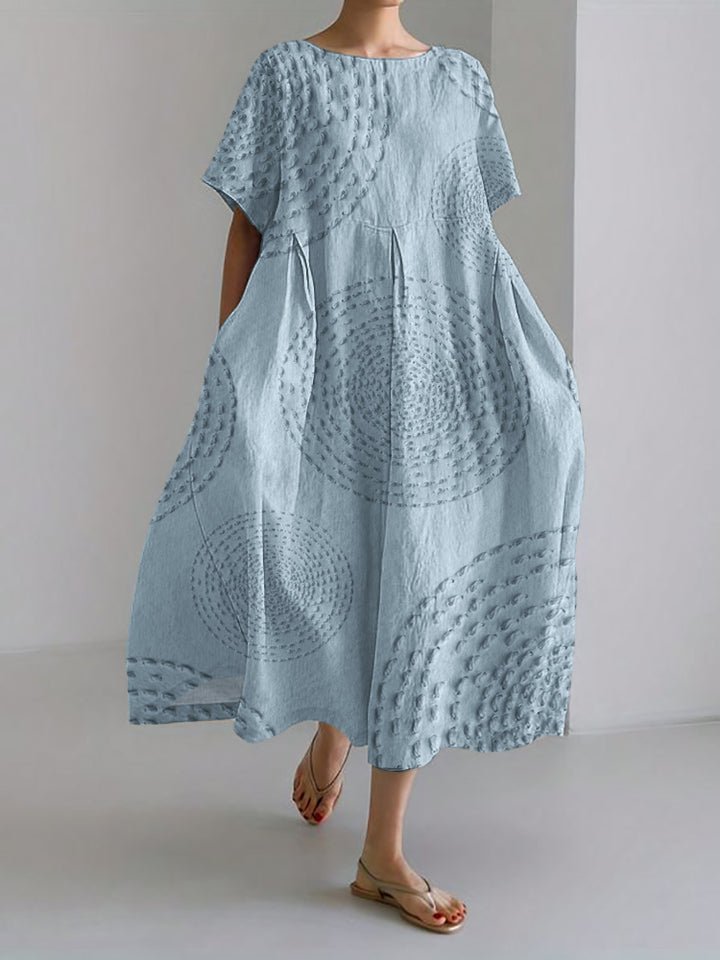 Sea Waves Ripples Japanese Embroidered Linen Blend Maxi Dress