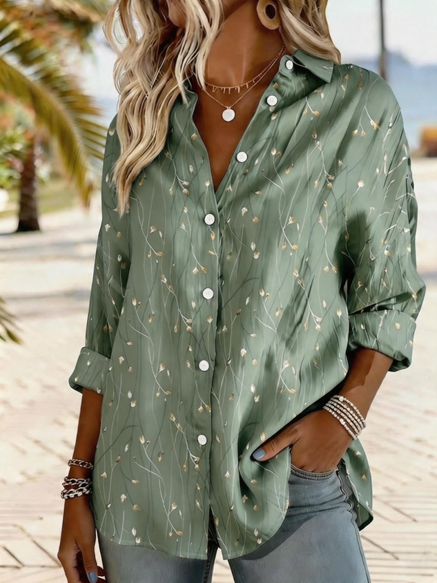 Women‘s Long Sleeve Leaf Regular Loose Shirt