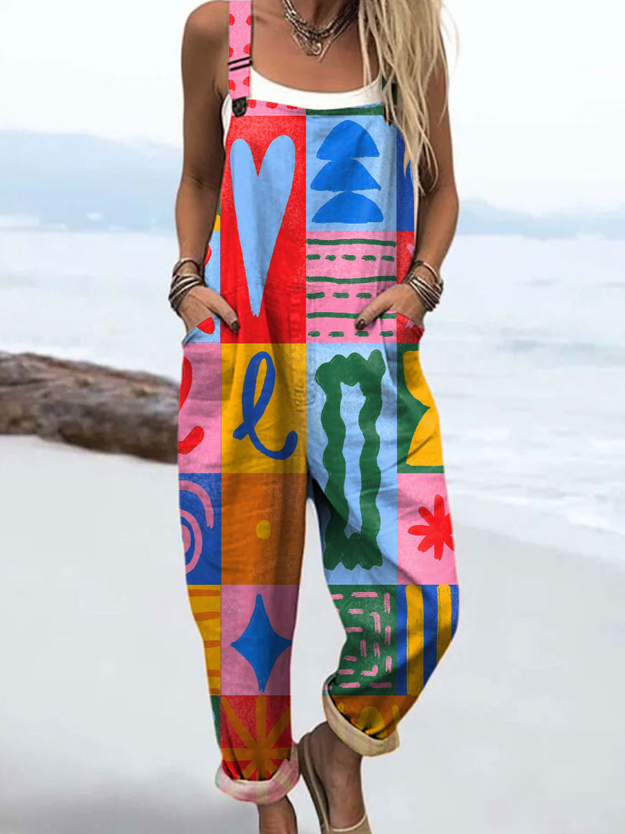 Women's Colorful Mosaic Art Print Casual Cotton Wide Leg Jumpsuit
