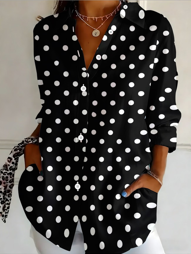 Shirt Collar Regular Sleeve Long Sleeve Polka Dots Buckle Regular Loose Button Up Shirt Shirt For Women