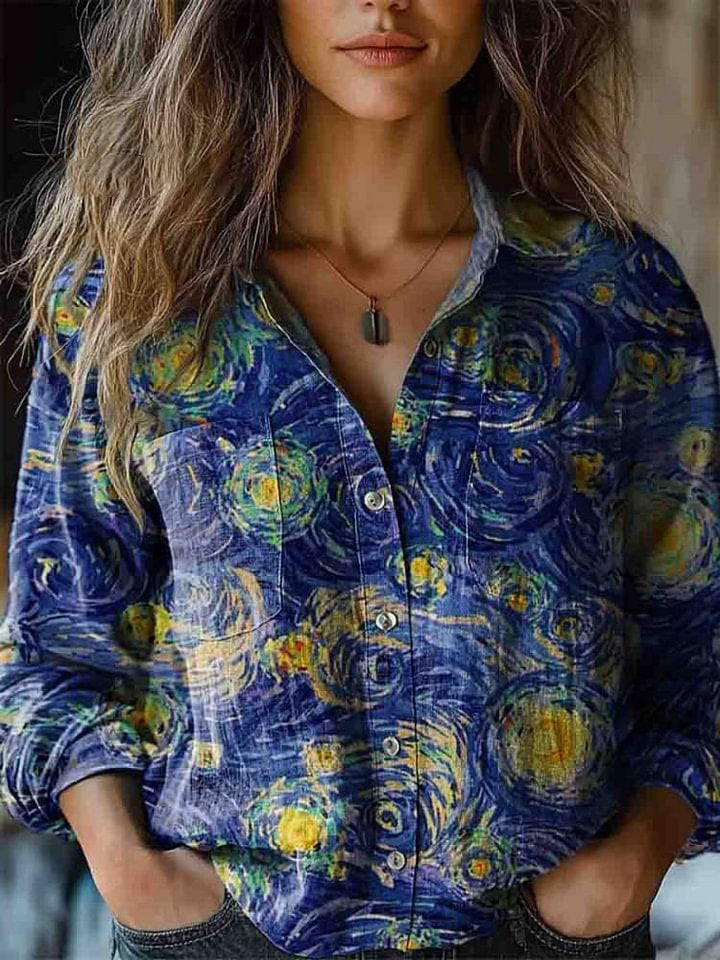 Women's Vintage Swirl Artwork Prints Long Sleeve Comfortable Cotton Shirt