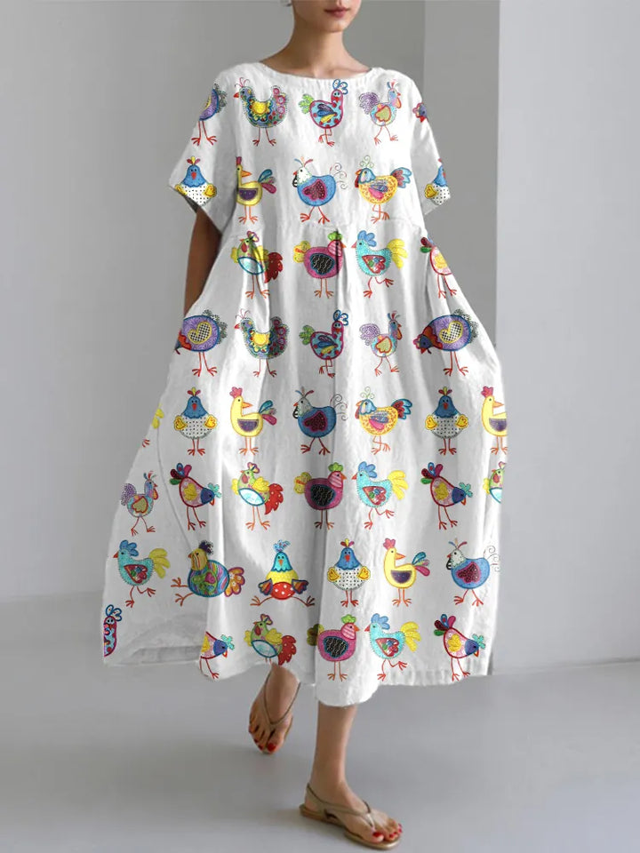 Funny Chickens Embroidery Pattern Linen Blend Dress